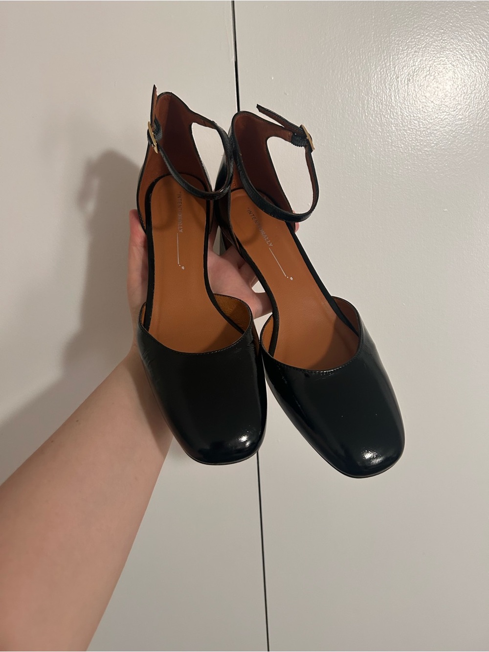 INTENTIONALLY BLANK Black Patent Ankle-Strap Heels
